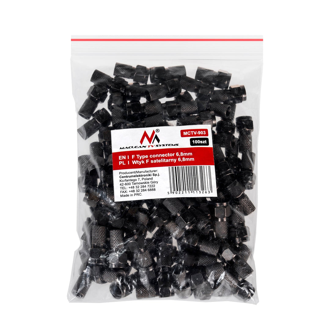 Професионален сателитен F конектор 6,8 mm RG5.9, RG6 черен никел с уплътнение Maclean TV Systems MCTV-903