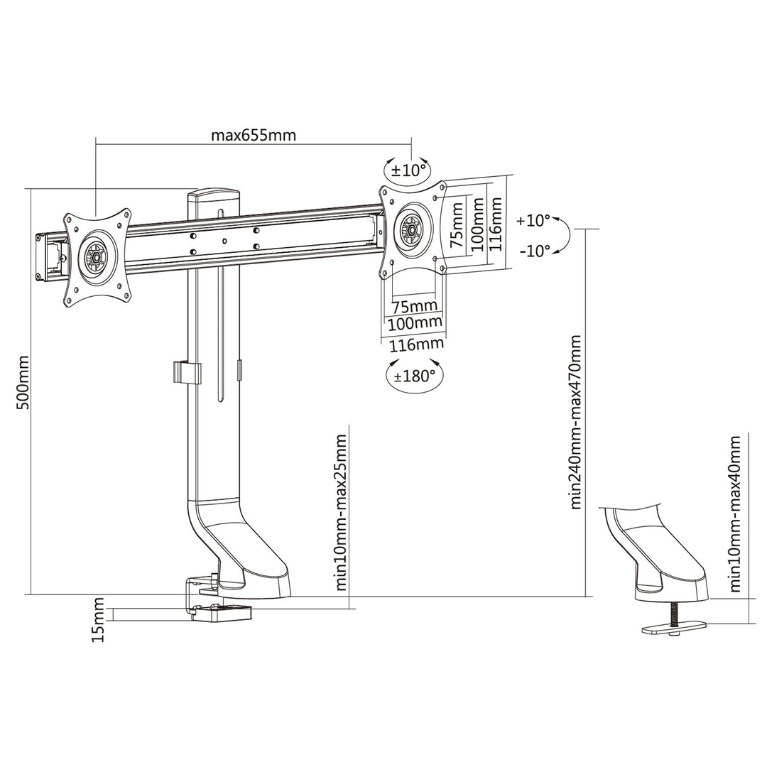 Двойна стойка за монитор / двойна 17"-27" 14 кг Maclean MC-854 VESA 75x75 100x100 подходяща за MC-848 и MC-849