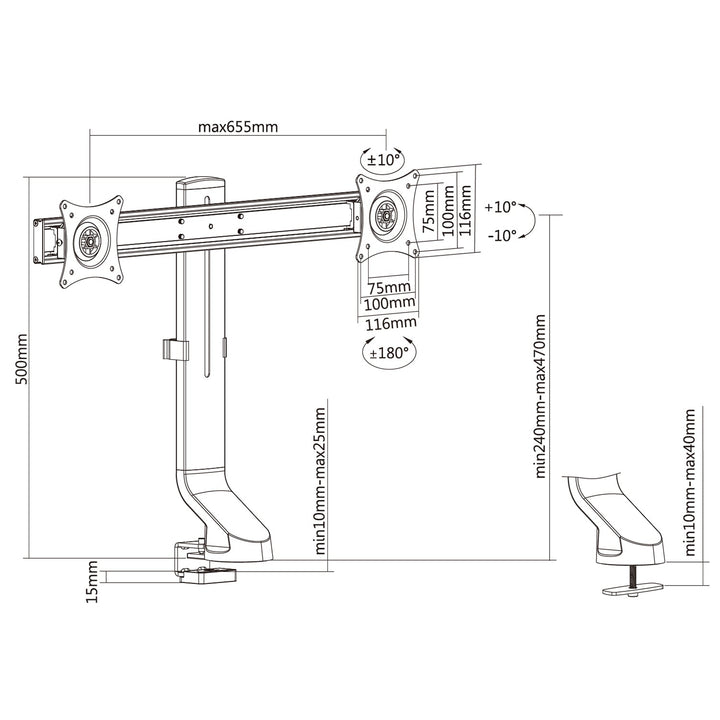 Двойна стойка за монитор / двойна 17"-27" 14 кг Maclean MC-854 VESA 75x75 100x100 подходяща за MC-848 и MC-849