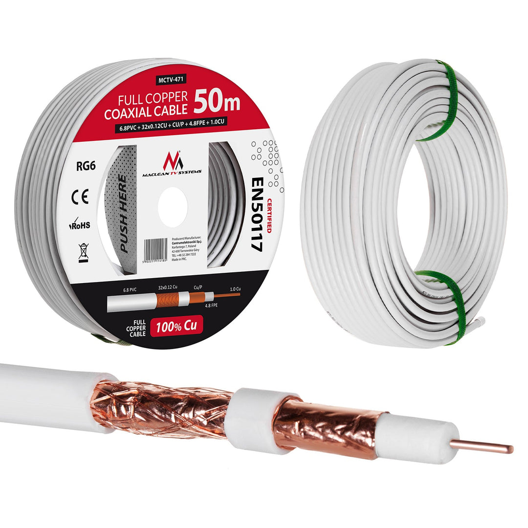 RG6 50M Maclean MCTV-471 1,02CU+4,8FPE+CU/P+32*0,12CU+6,8PVC сателитен коаксиален кабел