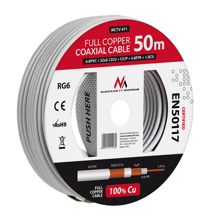 RG6 50M Maclean MCTV-471 1,02CU+4,8FPE+CU/P+32*0,12CU+6,8PVC сателитен коаксиален кабел