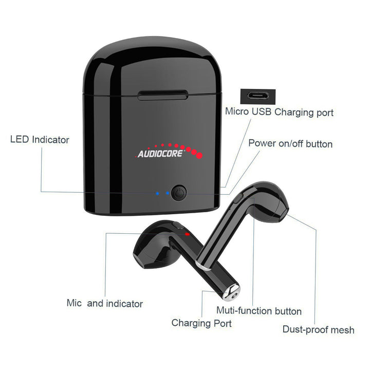 Audiocore AC520 Wireless Bluetooth 5.0 Twin-in-Earphone + Stație de andocare cu carcasă Power Bank neagră