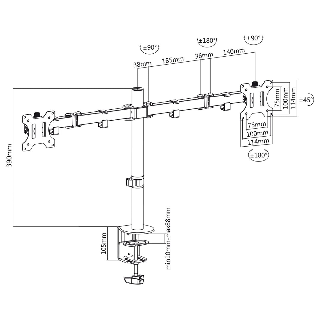 Maclean MC-884 монтаж за бюро за 2 LCD монитора, 17-32" 2x 8 кг (макс. 16 кг), VESA 75x75 и 100x100