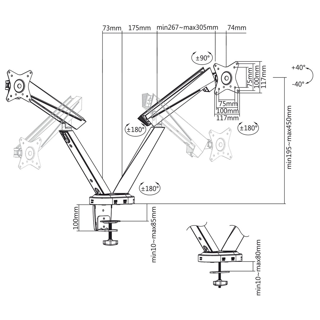 Гейминг стойка за 2 LCD монитора NanoRS RS887 17-32" 2x 8 кг (макс. 16 кг) VESA 75x75 и 100x100