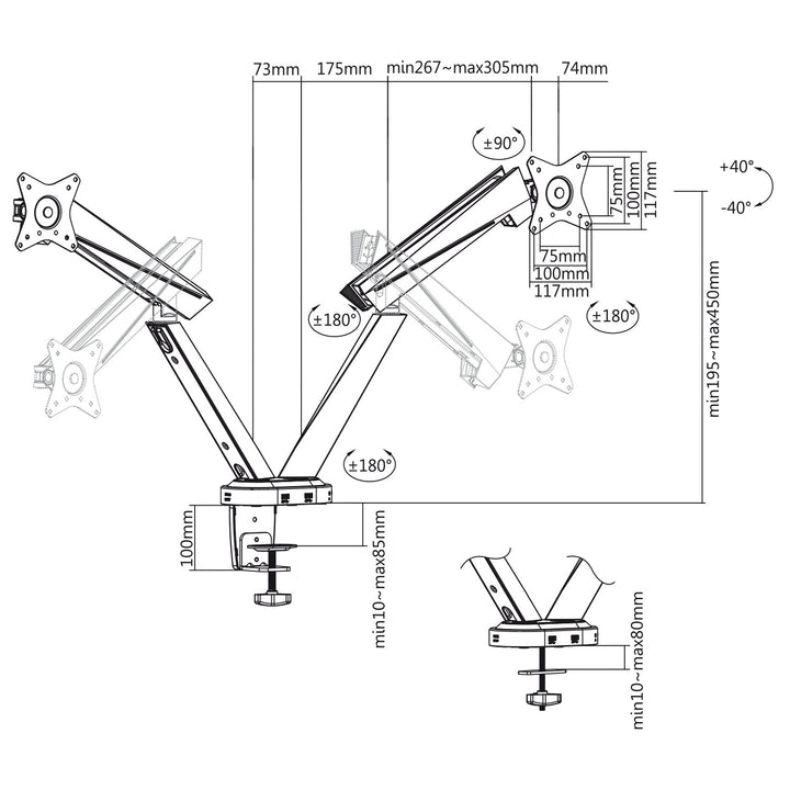 Гейминг стойка за 2 LCD монитора NanoRS RS887 17-32" 2x 8 кг (макс. 16 кг) VESA 75x75 и 100x100