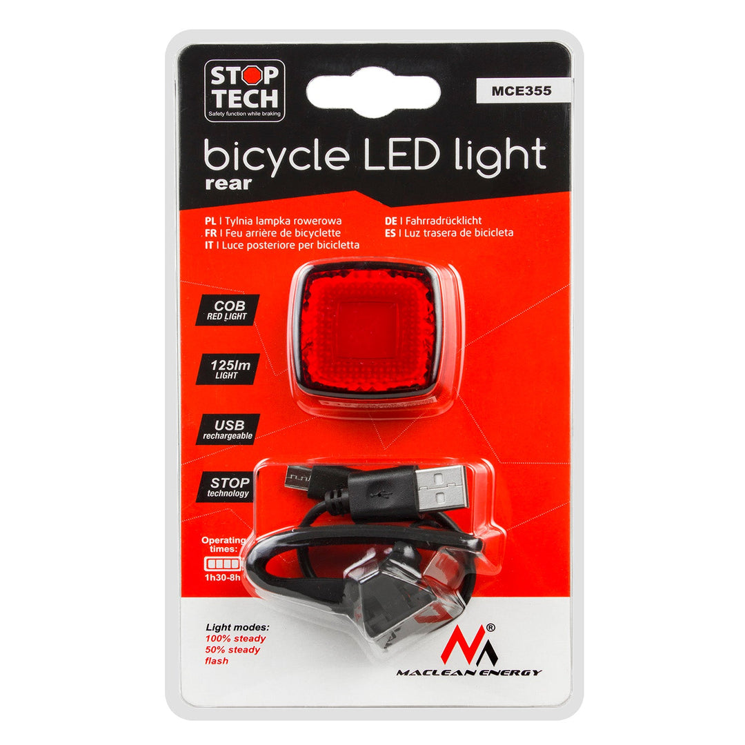 USB задна велосипедна светлина AUTO STOP сензор за сумрак Maclean Energy MCE355 COB LED макс. 125lm батерия 450mAh
