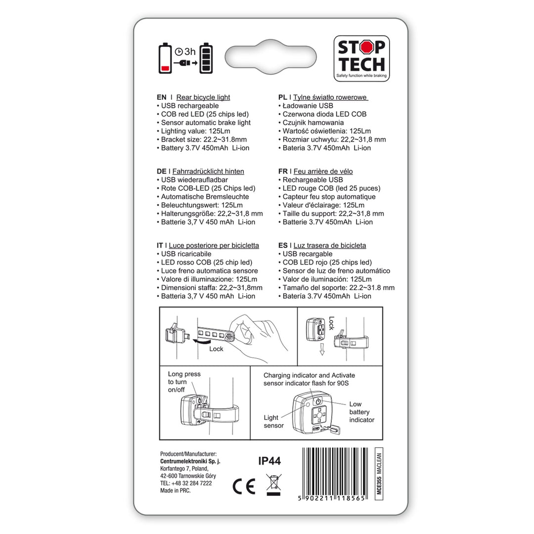 USB задна велосипедна светлина AUTO STOP сензор за сумрак Maclean Energy MCE355 COB LED макс. 125lm батерия 450mAh