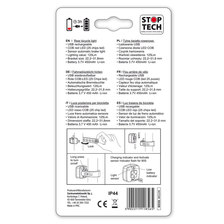 USB задна велосипедна светлина AUTO STOP сензор за сумрак Maclean Energy MCE355 COB LED макс. 125lm батерия 450mAh
