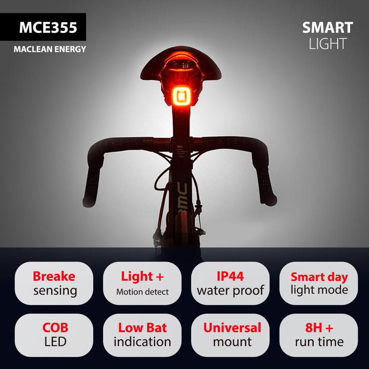 USB задна велосипедна светлина AUTO STOP сензор за сумрак Maclean Energy MCE355 COB LED макс. 125lm батерия 450mAh
