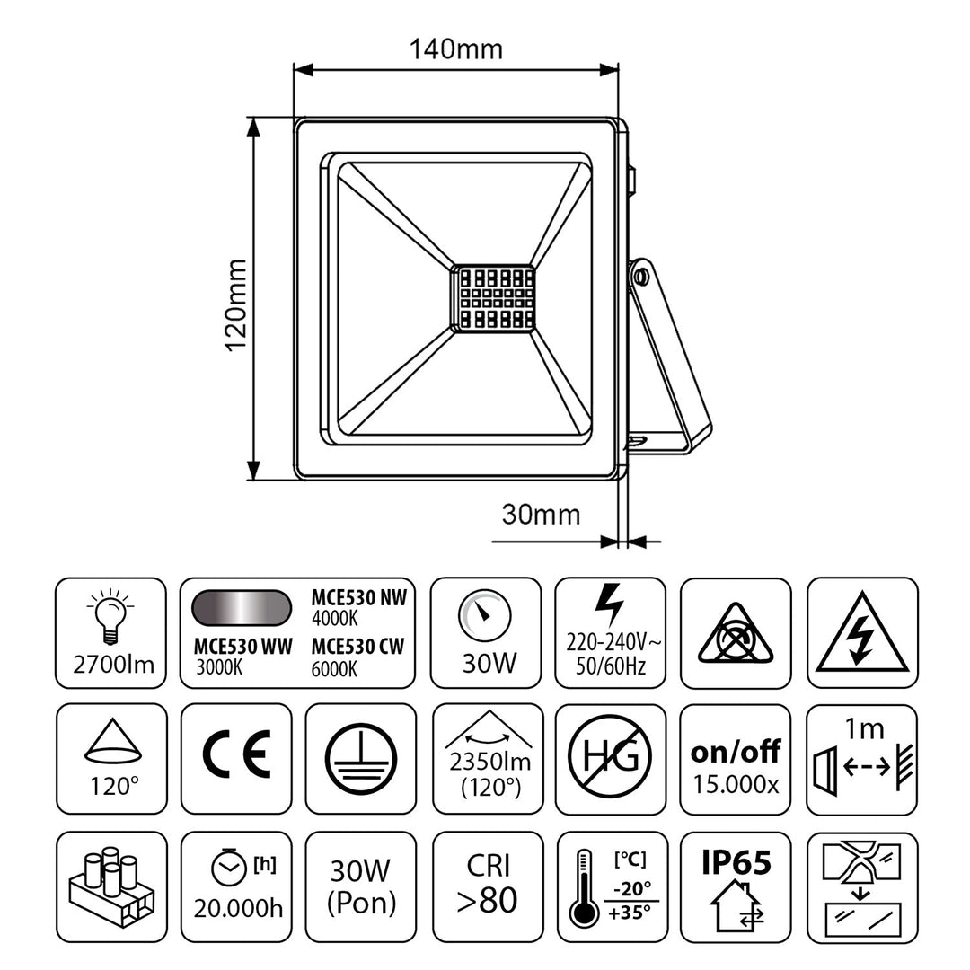 30W тънък LED прожектор, 2400lm студено бяло (6000K) Maclean Energy MCE530 CW, IP65, PREMIUM