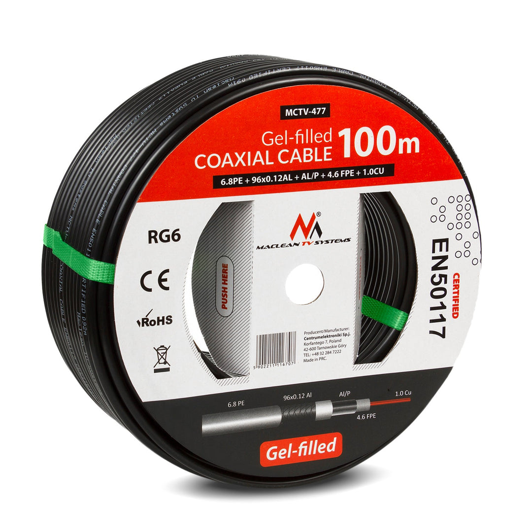 RG6 100M Maclean MCTV-477 1.0CU+4.6FPE+AL/P+96*0.12AL+6.8PE гел-пълнен сателитен коаксиален кабел
