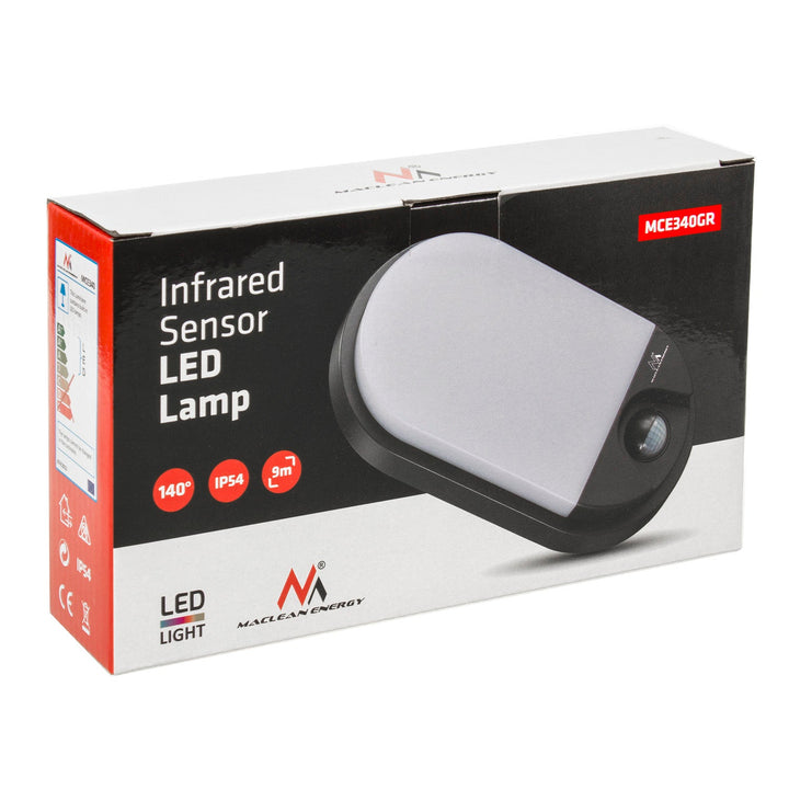 LED лампа с инфрачервен датчик за движение MCE340 GR 1100lm 15W IP54 Maclean Energy, сив цвят, естествена бяла цветова температура (4000K)