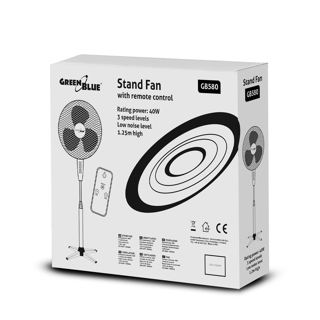 GreenBlue 40W подови вентилатор с 3 настройки на скоростта, височина 1,25 м, кабел 1,5 м, дистанционно управление и таймер до 7,5 часа GB580
