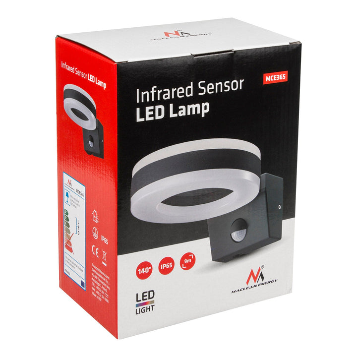 Maclean Energy MCE365 стенна LED лампа с PIR сензор - PC+ALU, 20W (1700lm) неутрално бяло 4000K IP65 сиво