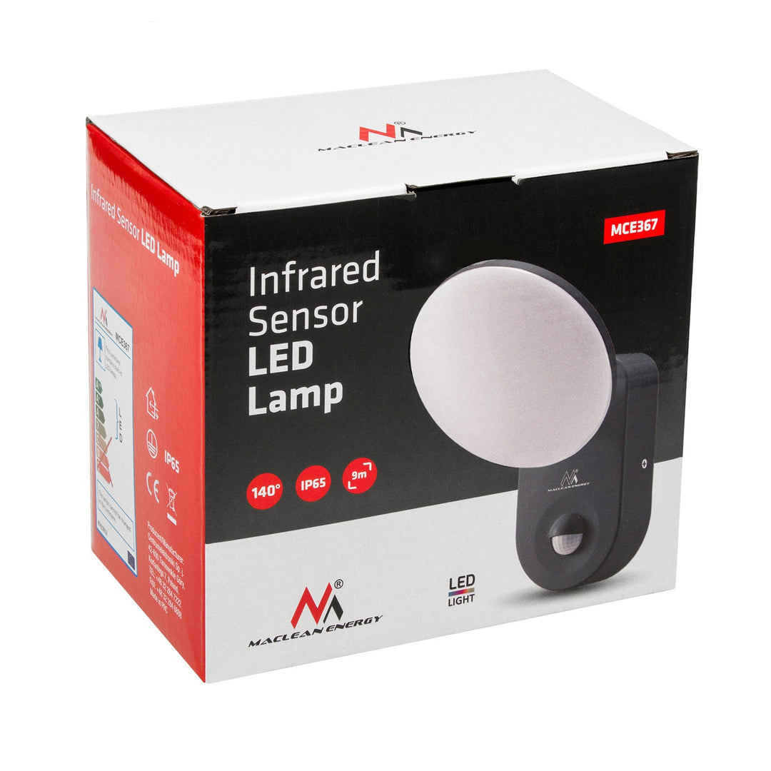 Maclean Energy MCE367 стенна LED лампа с PIR сензор - PC+ALU, 15W (1100lm) неутрално бяло 4000K IP65 сиво
