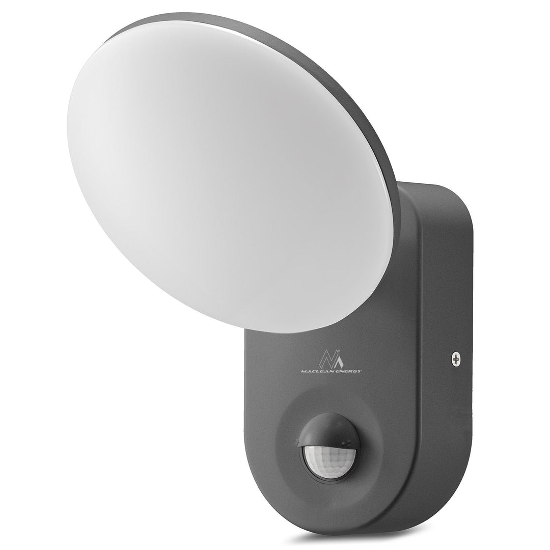 Maclean Energy MCE367 стенна LED лампа с PIR сензор - PC+ALU, 15W (1100lm) неутрално бяло 4000K IP65 сиво