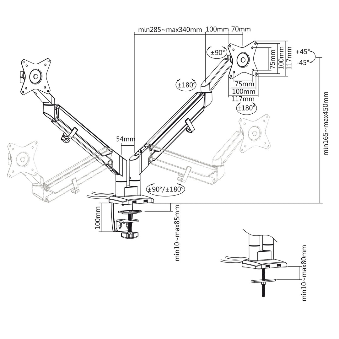 Suport monitor dublu, cu arc pe gaz, ER-406, reglabil pe inaltime, inclinare, rotatie, gri