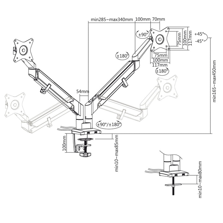Suport monitor dublu, cu arc pe gaz, ER-406, reglabil pe inaltime, inclinare, rotatie, gri