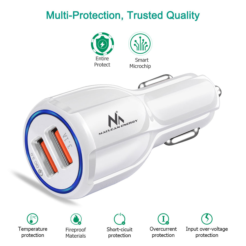 Maclean Energy MCE478 W QC 3.0 зарядно устройство за кола – бяло Qualcomm Quick Charge QC 3.0 – 5V/3A, 9V/1.8A, 12V/1.6A и 5V/3.1A гнездо