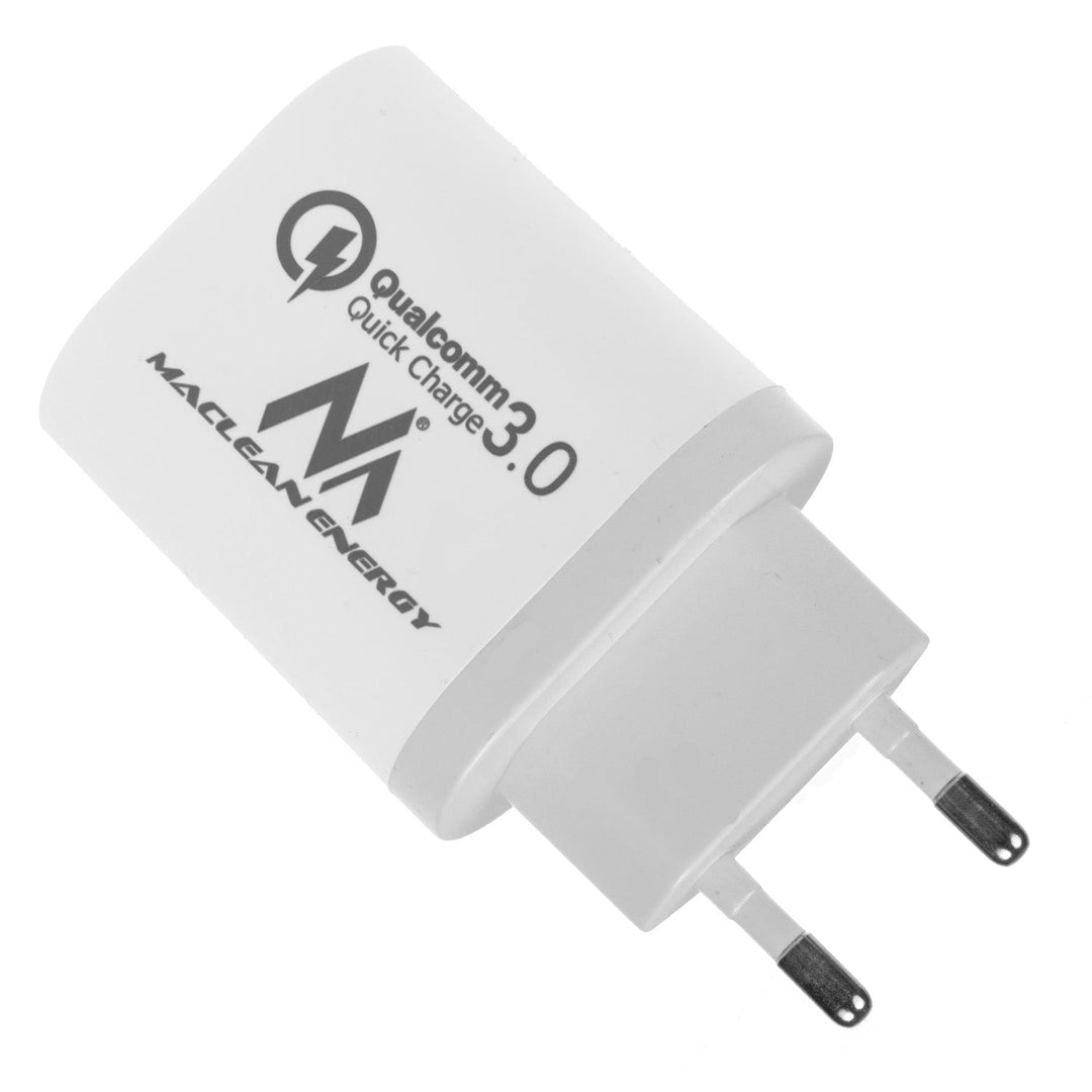 Maclean Energy MCE479 W зарядно устройство за мрежа 1xQC 3.0 - бяло Qualcomm Quick Charge QC 3.0 - 3.6-6VV/3A, 6-9V/2A, 9-12V/1.5A и 2 x 5V/2.1A гнезда