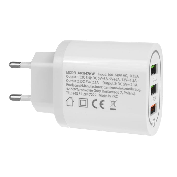 Maclean Energy MCE479 W зарядно устройство за мрежа 1xQC 3.0 - бяло Qualcomm Quick Charge QC 3.0 - 3.6-6VV/3A, 6-9V/2A, 9-12V/1.5A и 2 x 5V/2.1A гнезда