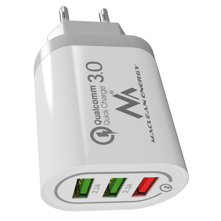 Maclean Energy MCE479 W зарядно устройство за мрежа 1xQC 3.0 - бяло Qualcomm Quick Charge QC 3.0 - 3.6-6VV/3A, 6-9V/2A, 9-12V/1.5A и 2 x 5V/2.1A гнезда