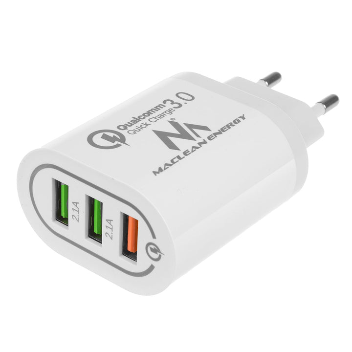 Maclean Energy MCE479 W зарядно устройство за мрежа 1xQC 3.0 - бяло Qualcomm Quick Charge QC 3.0 - 3.6-6VV/3A, 6-9V/2A, 9-12V/1.5A и 2 x 5V/2.1A гнезда