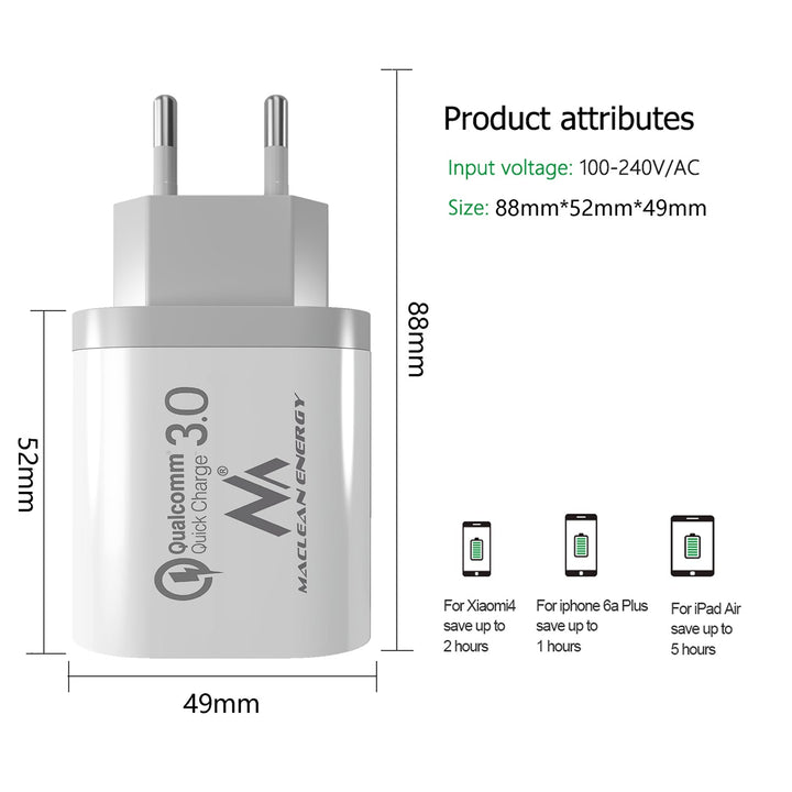 Maclean Energy MCE479 W зарядно устройство за мрежа 1xQC 3.0 - бяло Qualcomm Quick Charge QC 3.0 - 3.6-6VV/3A, 6-9V/2A, 9-12V/1.5A и 2 x 5V/2.1A гнезда