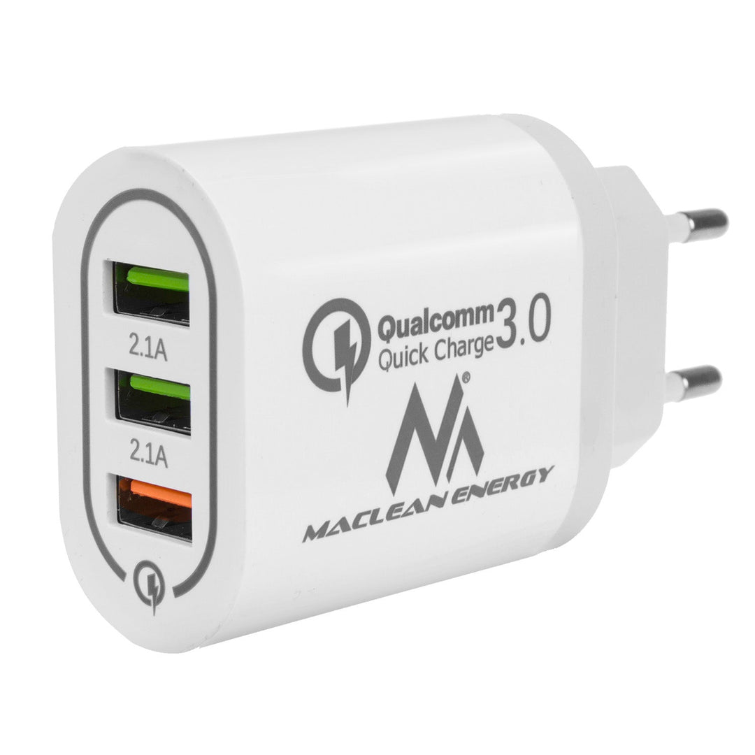 Maclean Energy MCE479 W зарядно устройство за мрежа 1xQC 3.0 - бяло Qualcomm Quick Charge QC 3.0 - 3.6-6VV/3A, 6-9V/2A, 9-12V/1.5A и 2 x 5V/2.1A гнезда