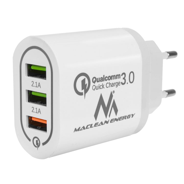 Maclean Energy MCE479 W зарядно устройство за мрежа 1xQC 3.0 - бяло Qualcomm Quick Charge QC 3.0 - 3.6-6VV/3A, 6-9V/2A, 9-12V/1.5A и 2 x 5V/2.1A гнезда