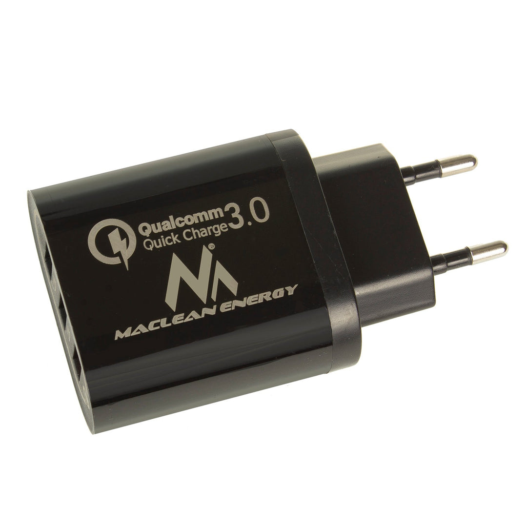 Maclean Energy MCE479 B 1xQC 3.0 зарядно устройство за мрежа – черно Qualcomm Quick Charge QC 3.0 – 3,6–6VV/3A, 6–9V/2A, 9–12V/1,5A и 2 x 5V/2,1A гнезда