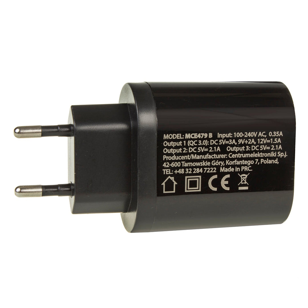 Maclean Energy MCE479 B 1xQC 3.0 зарядно устройство за мрежа – черно Qualcomm Quick Charge QC 3.0 – 3,6–6VV/3A, 6–9V/2A, 9–12V/1,5A и 2 x 5V/2,1A гнезда