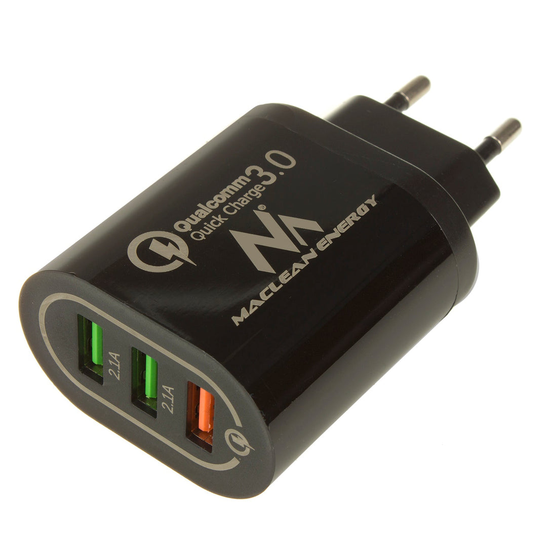 Maclean Energy MCE479 B 1xQC 3.0 зарядно устройство за мрежа – черно Qualcomm Quick Charge QC 3.0 – 3,6–6VV/3A, 6–9V/2A, 9–12V/1,5A и 2 x 5V/2,1A гнезда