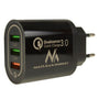 Maclean Energy MCE479 B 1xQC 3.0 зарядно устройство за мрежа – черно Qualcomm Quick Charge QC 3.0 – 3,6–6VV/3A, 6–9V/2A, 9–12V/1,5A и 2 x 5V/2,1A гнезда