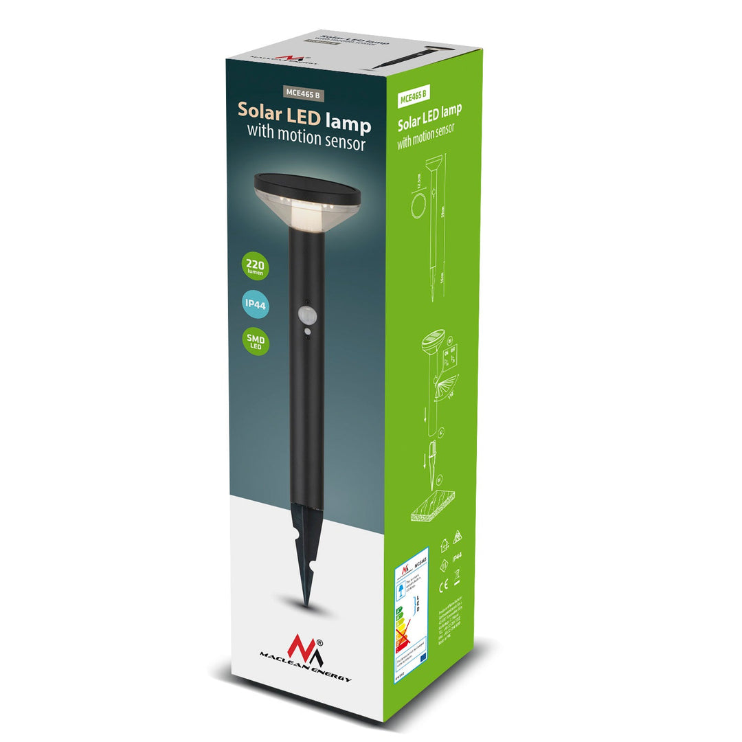 Lampa solara LED cu senzor, MCE465 C/M IP44, Bateria Li-ion 18650, IP44, 3,7V, 1200 mAh, neagra