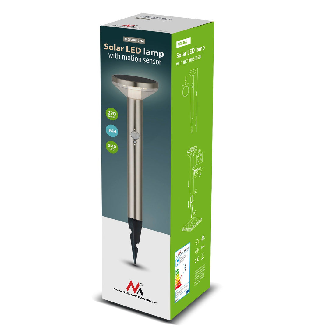 Слънчева LED лампа с Maclean сензор, матов хром, IP44, 3 режима на осветление, Li-ion 18650 3.7V 1200 mAh батерия, забиваща се, MCE465 C/M