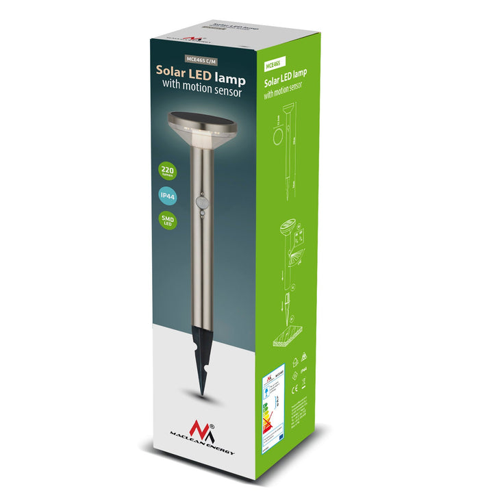 Слънчева LED лампа с Maclean сензор, матов хром, IP44, 3 режима на осветление, Li-ion 18650 3.7V 1200 mAh батерия, забиваща се, MCE465 C/M