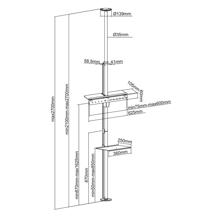 Maclean MC-791N телескопична стойка за телевизор, стойка за таван-под с рафт, 37"-70", макс. 30 кг
