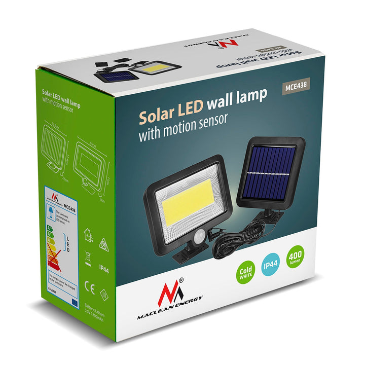 Слънчев LED прожектор с датчик за движение Maclean Energy IP44, 5 W, 400 lm, 6000 K студено бяла светлина, литиева батерия 1300 mAh, 3,7 V DC  MCE438