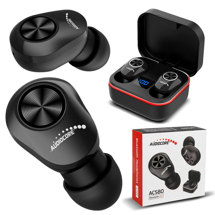 Audiocore TWS BT 5.1 слушалки за уши с 300mAh зарядна база, 30mAh слушалки, черни AC580