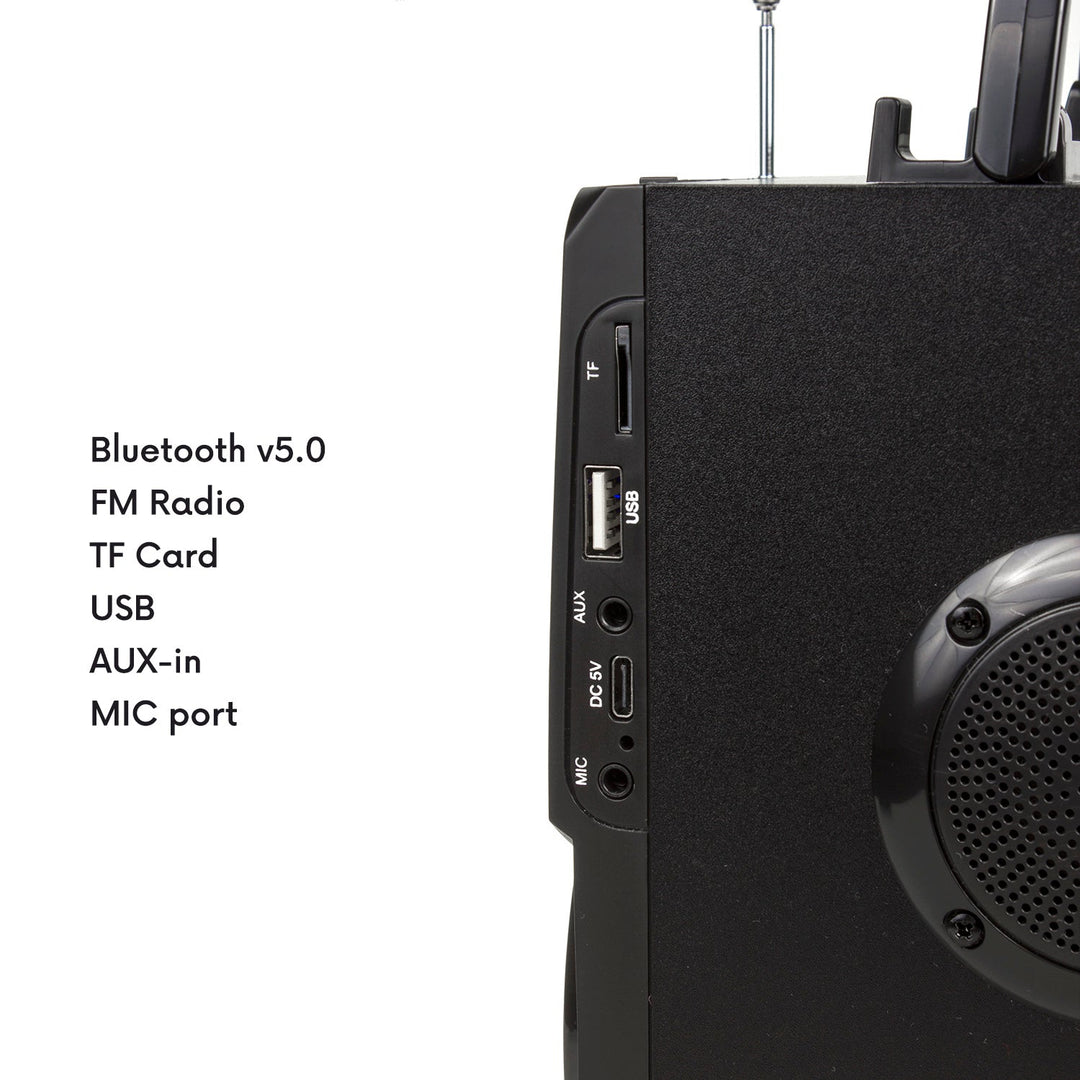 Преносим Bluetooth високоговорител / радио / SD / MMC / aux-in / USB / осветление / дистанционно управление / телескопична антена / конектор за микрофон