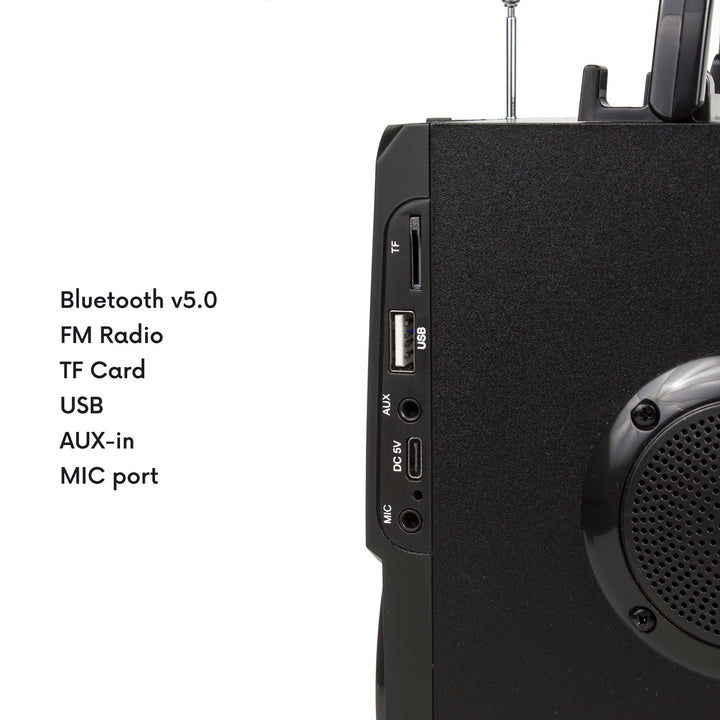 Преносим Bluetooth високоговорител / радио / SD / MMC / aux-in / USB / осветление / дистанционно управление / телескопична антена / конектор за микрофон