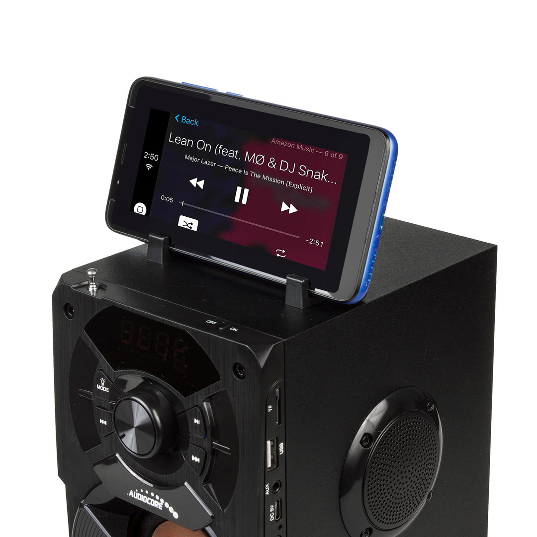 Преносим Bluetooth високоговорител / радио / SD / MMC / aux-in / USB / осветление / дистанционно управление / телескопична антена / конектор за микрофон