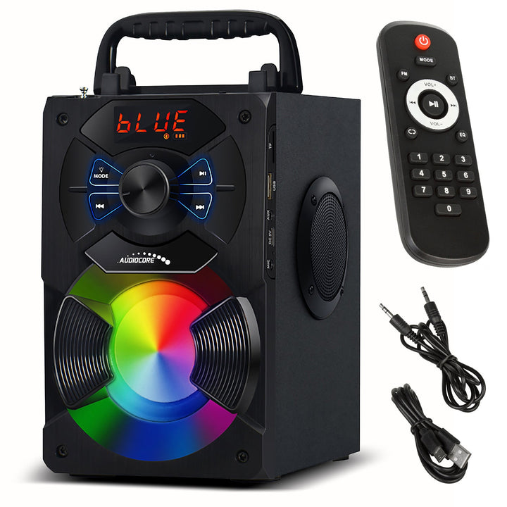 Преносим Bluetooth високоговорител / радио / SD / MMC / aux-in / USB / осветление / дистанционно управление / телескопична антена / конектор за микрофон