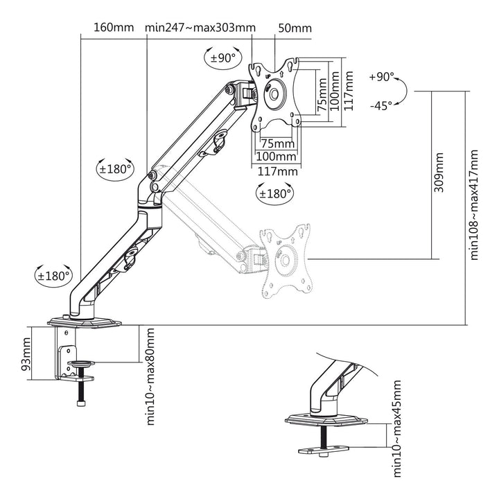 Универсална стойка за монитори Maclean, механична пружина 17"-27" 7 кг, VESA 75x75,100x100, MC-906