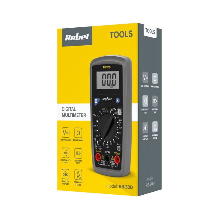 Универсалният измервателен уред Rebel Tools RB-30D включва измервателни кабели.
