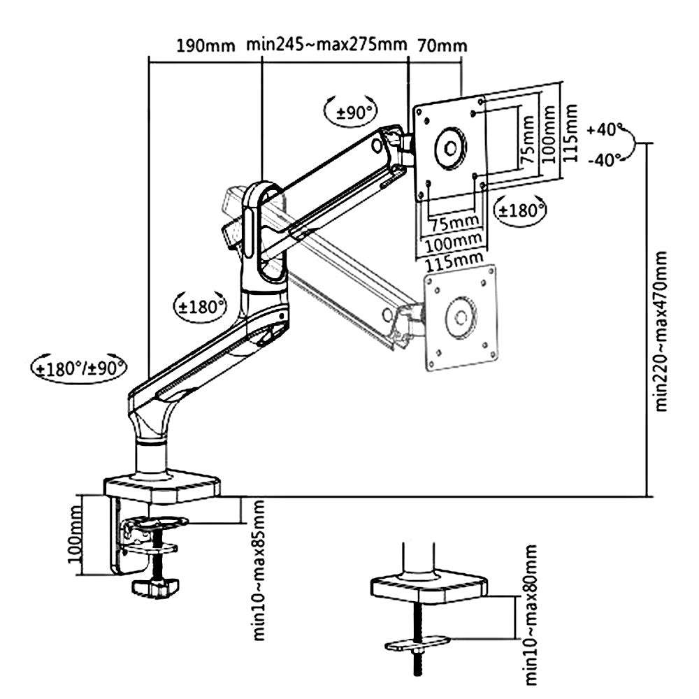 Ergo Office мониторна стойка, премиум с газова пружина, двойна ръка 17"-32" 9 кг, ER-436