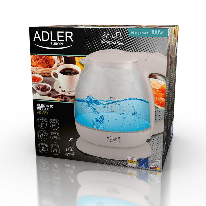 Adler AD 1283C Стъклена кана 1,0 л с въртяща се основа, плоско дъно