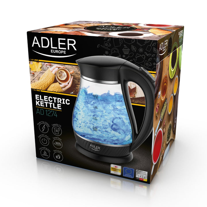 Чайник Adler AD 1274 от черно стъкло, капацитет 1,7 л, мощност 2200 W