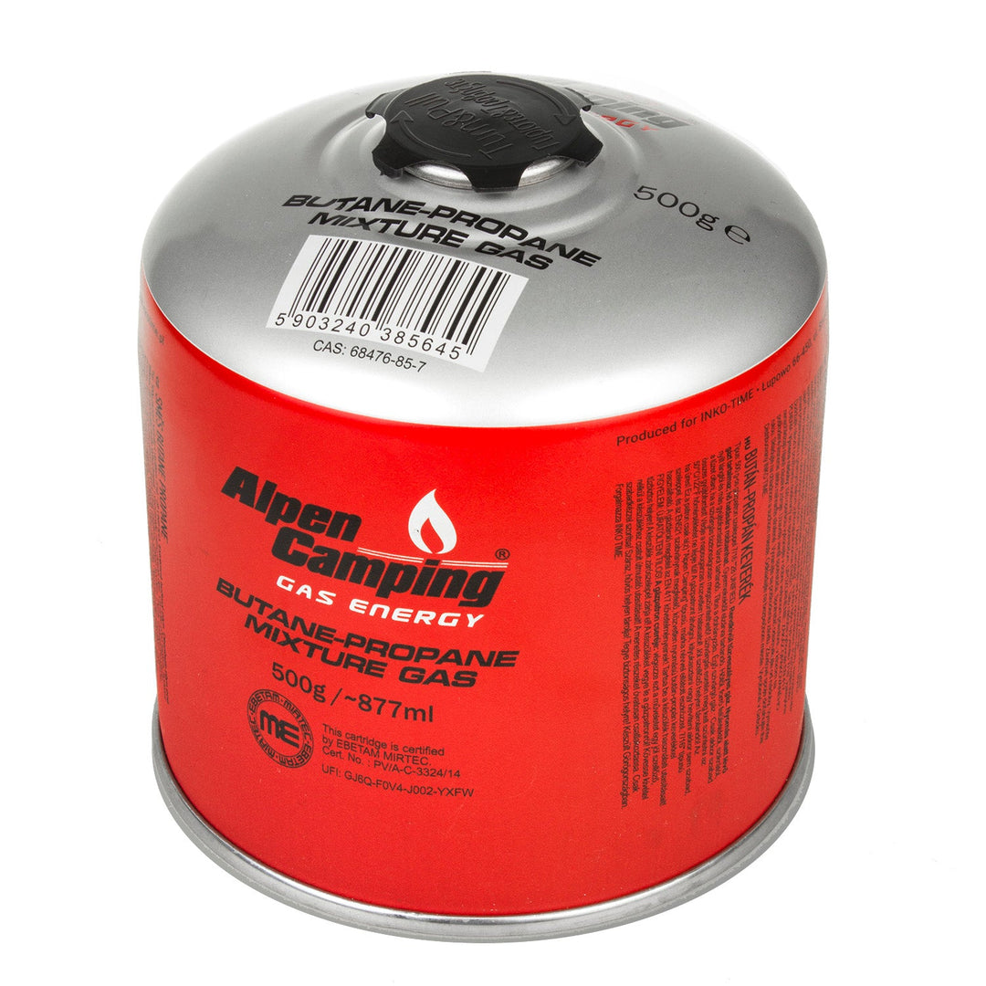 Газова бутилка Alpen Camping 500g. Сертификат: Pi 0437, съответстващ на EN417, пропан-бутан, диапазон от -10°C до +40°C, 7/16" резба на вентила IK008.